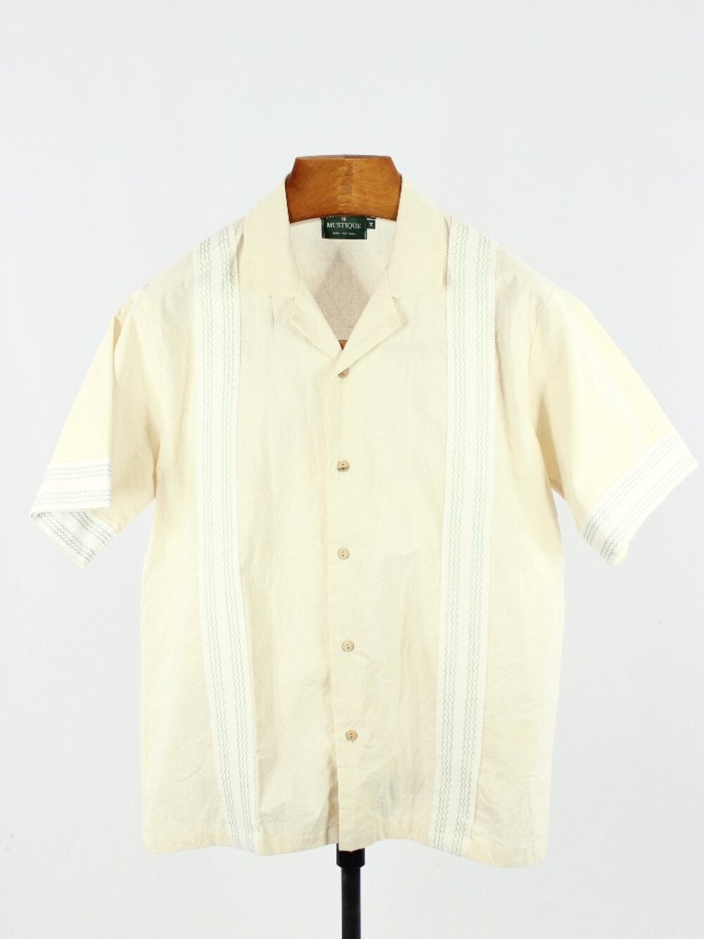 MUSTIQUE Ivory 100% Cotton Canvas Short Sleeve Bowling Camp Shirt, Size M